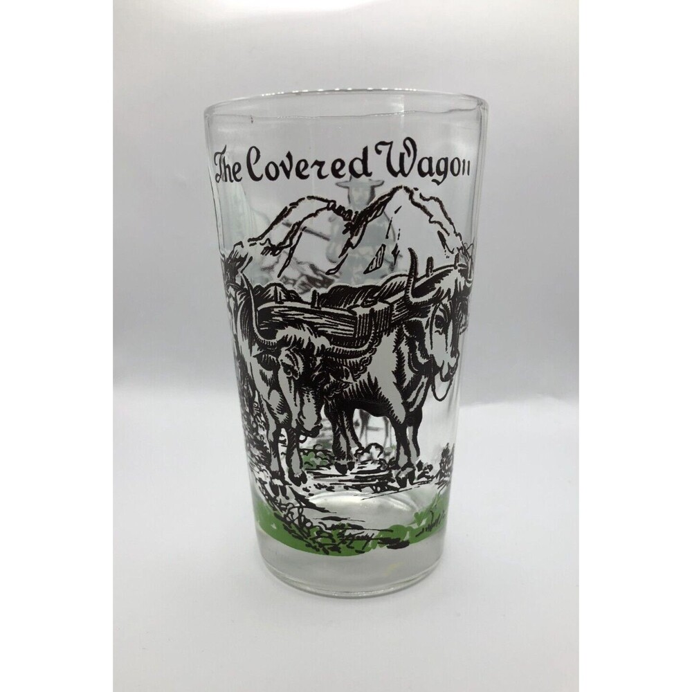 VINTAGE The Covered Wagon Collectible Drinking Glass Western Wagon Oxen Pioneers